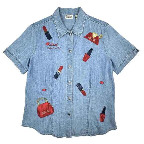 Vintage 90's Avon Denim Button Down Shirt Women Sz S Lipstick Makeup Rockabilly - Picture 1 of 15